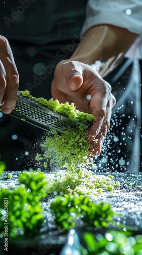 A closeup of a Japanese chef finely grating wasabi on a sharkskin grater, with focus on the vibrant green paste and traditional technique photo