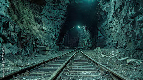 A majestic train navigates through the depths of a tunnel within an underground cave, surrounded by rock formations and shadows