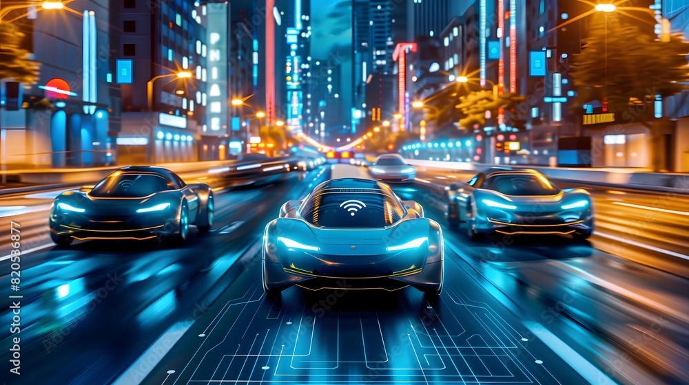 A futuristic of driverless electric cars navigating city streets ...