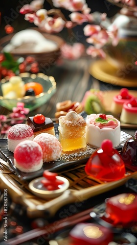 A festive table of Japanese desserts during a celebration  with mochi  castella cake  and fruit jellies artistically arranged