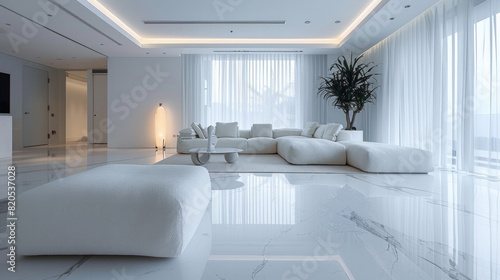 A white living room with a white couch and a white chair
