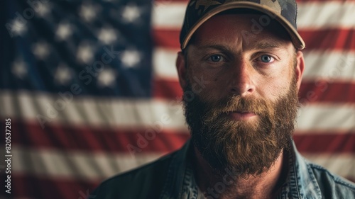 portrait of an american veteran with beard in front of the flag. cinematic style
