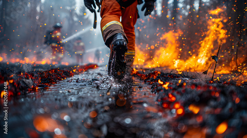Firefighters in Action - Photo of firefighters using firefighting equipment on the ground, vividly showing the challenges and risks associated with this job photo