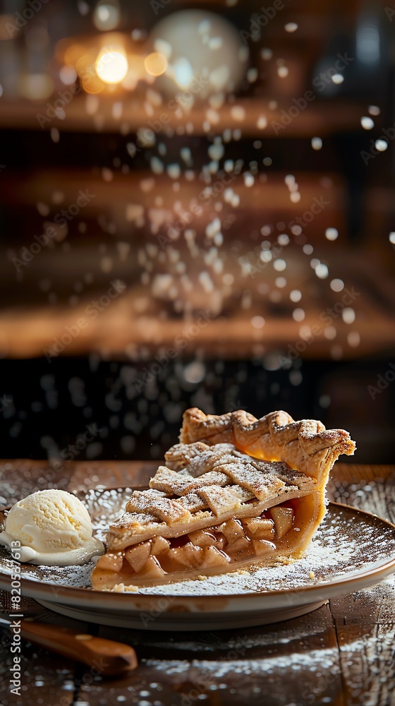 A slice of Dutch apple pie, rich filling and a perfect lattice crust, served with a scoop of vanilla ice cream, quaint Amsterdam cafe background