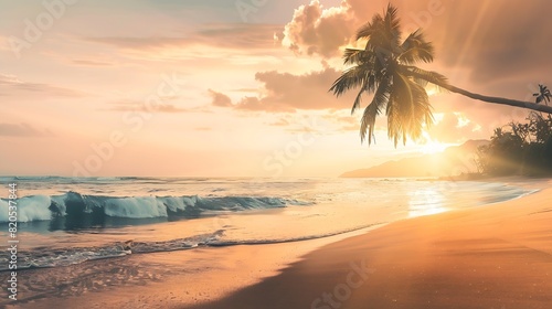 Island palm tree sea sand beach Panoramic beach landscape Inspire tropical beach seascape horizon Orange and golden sunset sky calmness tranquil relaxing summer mood Vacation travel ho   Generative AI