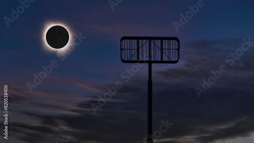 Beautiful Image of total solar eclipse as seen behind an empty metal sign frame against a partially cloudy sky with copy space.