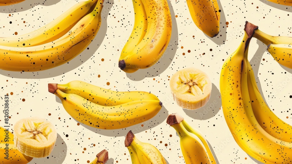 A bunch of yellow bananas on a white background. Some bananas are whole, some are sliced. A bunch of yellow bananas on a white background. Some bananas are whole, some are sliced.