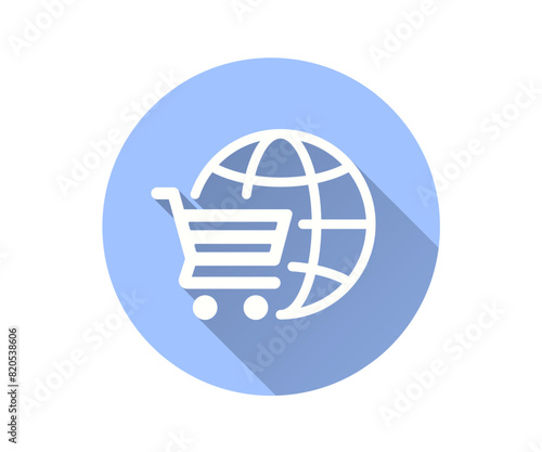 Global online shopping icon, vector flat design with long shadow.