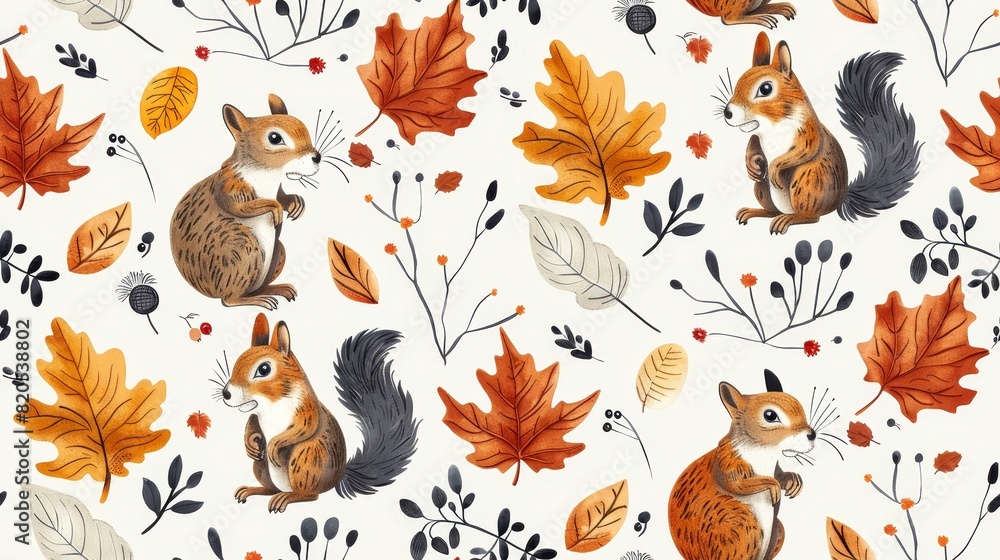 A cute pattern with squirrels and fall leaves. Perfect for a cozy autumn day. A cute pattern with squirrels and fall leaves. Perfect for a cozy autumn day.