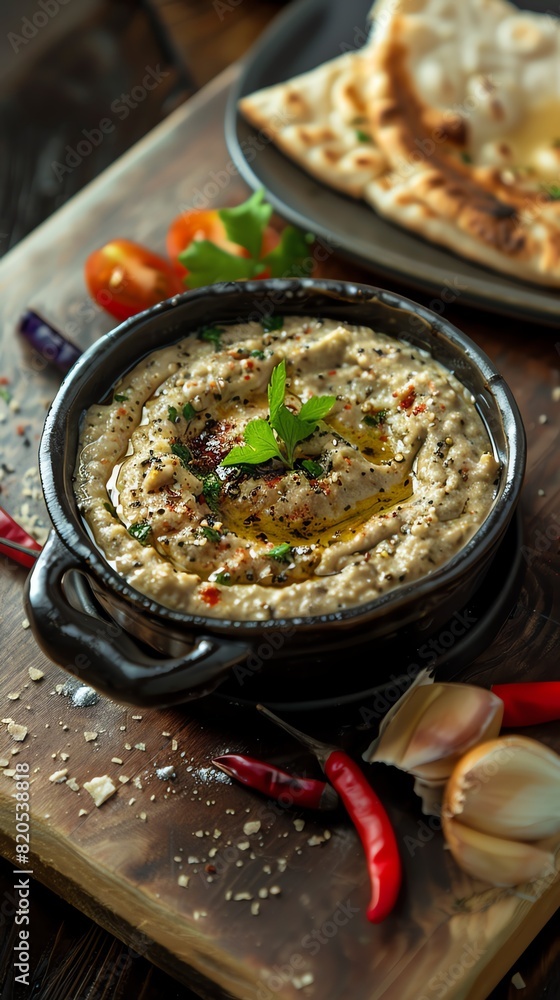 Baba ganoush, smoked eggplant dip, served with flatbread, Mediterranean coastline cafe Baba ganoush, smoked eggplant dip, served with flatbread, Mediterranean coastline cafe
