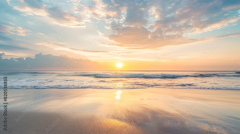 Fototapeta premium Sea sand sky concept sunset colors clouds horizon horizontal background banner Inspirational nature landscape beautiful colors wonderful scenery of tropical beach Beach sunset summer v : Generative AI