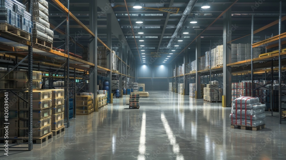 Pallets on the floor of a contemporary warehouse, clean environment, metal racks loaded with products, large open floor plan, vibrant lighting Pallets on the floor of a contemporary warehouse, clean environment, metal racks loaded with products, large open floor plan, vibrant lighting