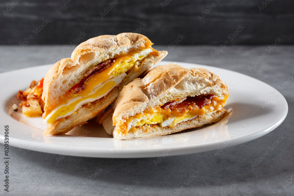 A view of a breakfast sandwich. A view of a breakfast sandwich.