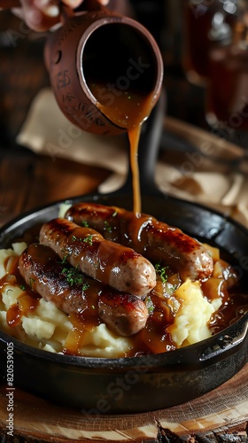 Bangers and mash, sausages with mashed potatoes and gravy, English pub dinner