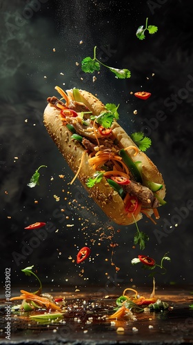 Banh mi sandwich, Vietnamese baguette filled with meats and pickled vegetables, vibrant street food cart © peeradol