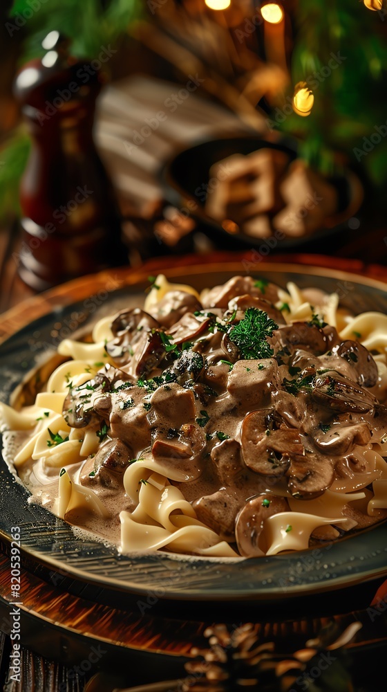 Naklejka premium Beef stroganoff, creamy sauce with mushrooms and served over noodles, cozy Russian dacha setting