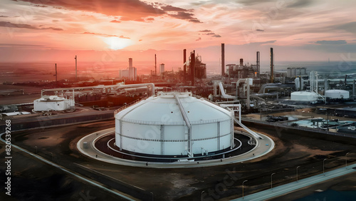 Aerial top view storage tank farm at night, Tank farm storage chemical petroleum petrochemical refinery product at oil terminal