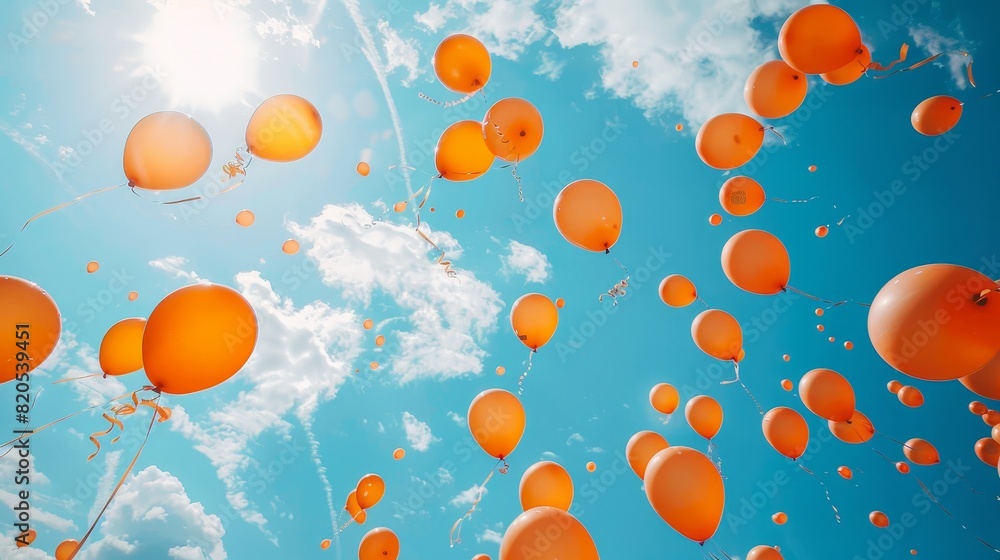 Orange balloons filling the sky, seen from below on a sunny day, creating a cheerful and festive scene, clear blue skies enhancing the visual appeal Orange balloons filling the sky, seen from below on a sunny day, creating a cheerful and festive scene, clear blue skies enhancing the visual appeal
