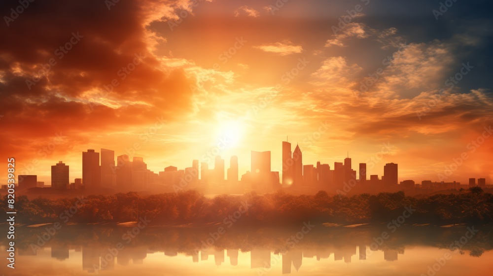City skyline with a heat haze effect, capturing the intense heatwaves caused by global warming and increasing global temperatures High resolution, copy space