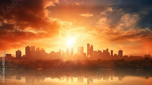 City skyline with a heat haze effect  capturing the intense heatwaves caused by global warming and increasing global temperatures High resolution  copy space