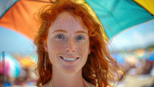 Radiant woman with red hair and freckles enjoying a sunny day on a crowded beach with a colorful umbrella