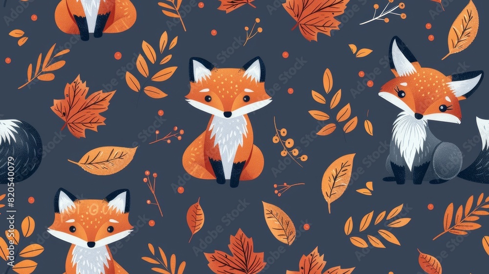 Cute cartoon foxes with autumn leaves on a blue background. Perfect for a nursery or child's room. Cute cartoon foxes with autumn leaves on a blue background. Perfect for a nursery or child's room.