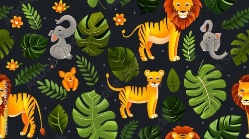 Cute cartoon animals and plants seamless pattern. Colorful vector illustration with jungle animals  leaves and flowers. Perfect for kids apparel  nursery decor  wrapping paper.