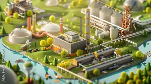 a waste-to-energy plant surrounded by renewable energy sources, where waste materials are transformed into clean energy through incineration or anaerobic digestion, reducing landfill volumes and mitig