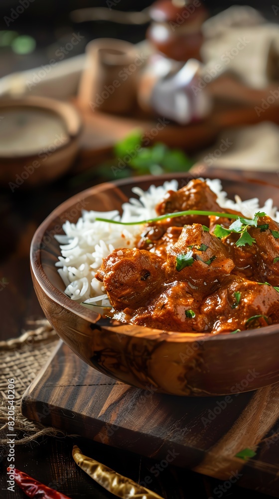 Chicken vindaloo, spicy Goan curry served with rice, cozy beach shack in Goa Chicken vindaloo, spicy Goan curry served with rice, cozy beach shack in Goa
