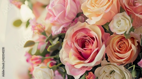 Bridal arrangement Wedding flowers closeup Decoration of roses flowers and ornamental plants closeup selective focus nobody objects luxury artificial bouquet of colorful flowers for ba   Generative AI