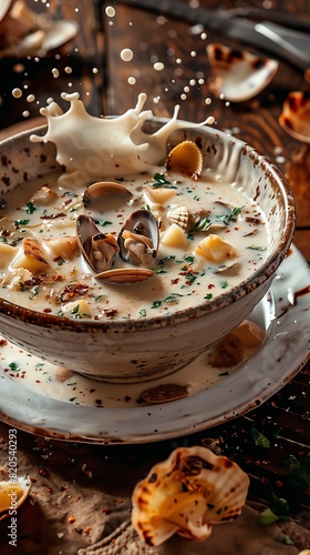 Clam chowder, creamy and loaded with potatoes and clams, cozy New England seafood shack