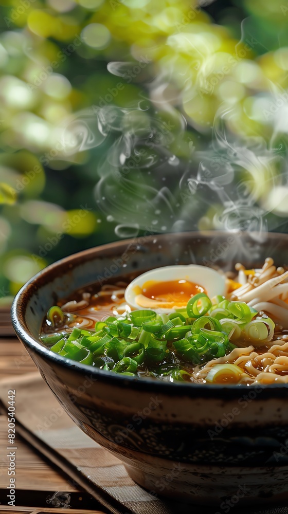 Closeup of steaming ramen in a traditional ceramic bowl, topped with sliced green onions, a softboiled egg, and bamboo shoots, with a blurred Japanese garden in the background