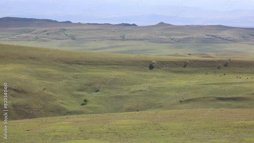 Beautiful view of green mountains Gareji Georgia. Panoramic view green valley with green meadows fields in sunny weather Beautiful view of green mountains Gareji Georgia. Panoramic view green valley with green meadows fields in sunny weather