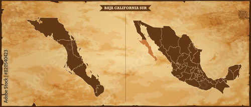 Baja California Sur state map, Mexico map with federal states in A vintage map based background, Political Mexico Map photo