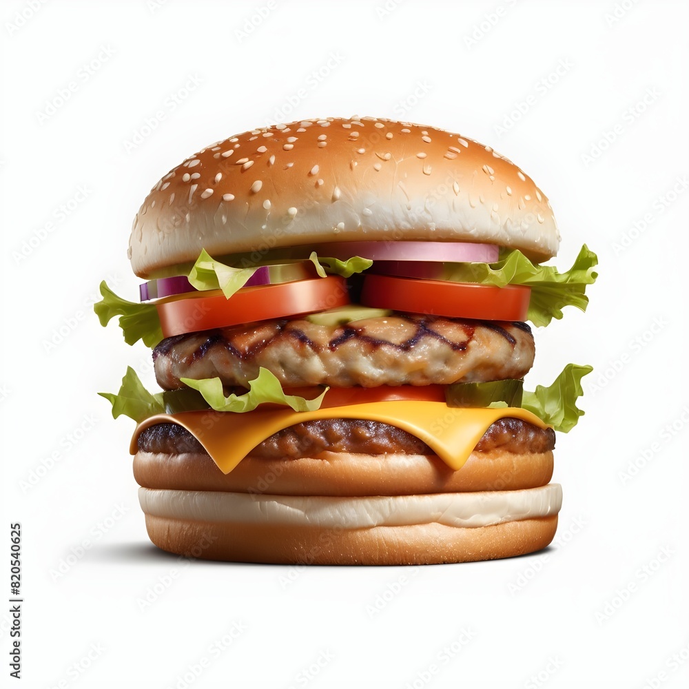 Classic burger with beef cutlet vegetables and onions isolated on a white background Classic burger with beef cutlet vegetables and onions isolated on a white background