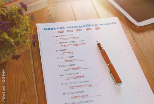 English misspelling worksheet with pen and tablet