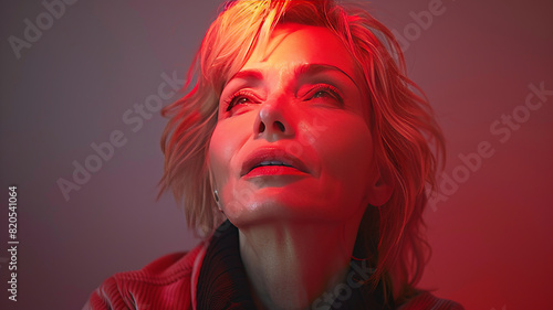Elegant middle-aged woman with toothache  suffering in pain with red glow highlighting the agony. Dental care concept.generative ai