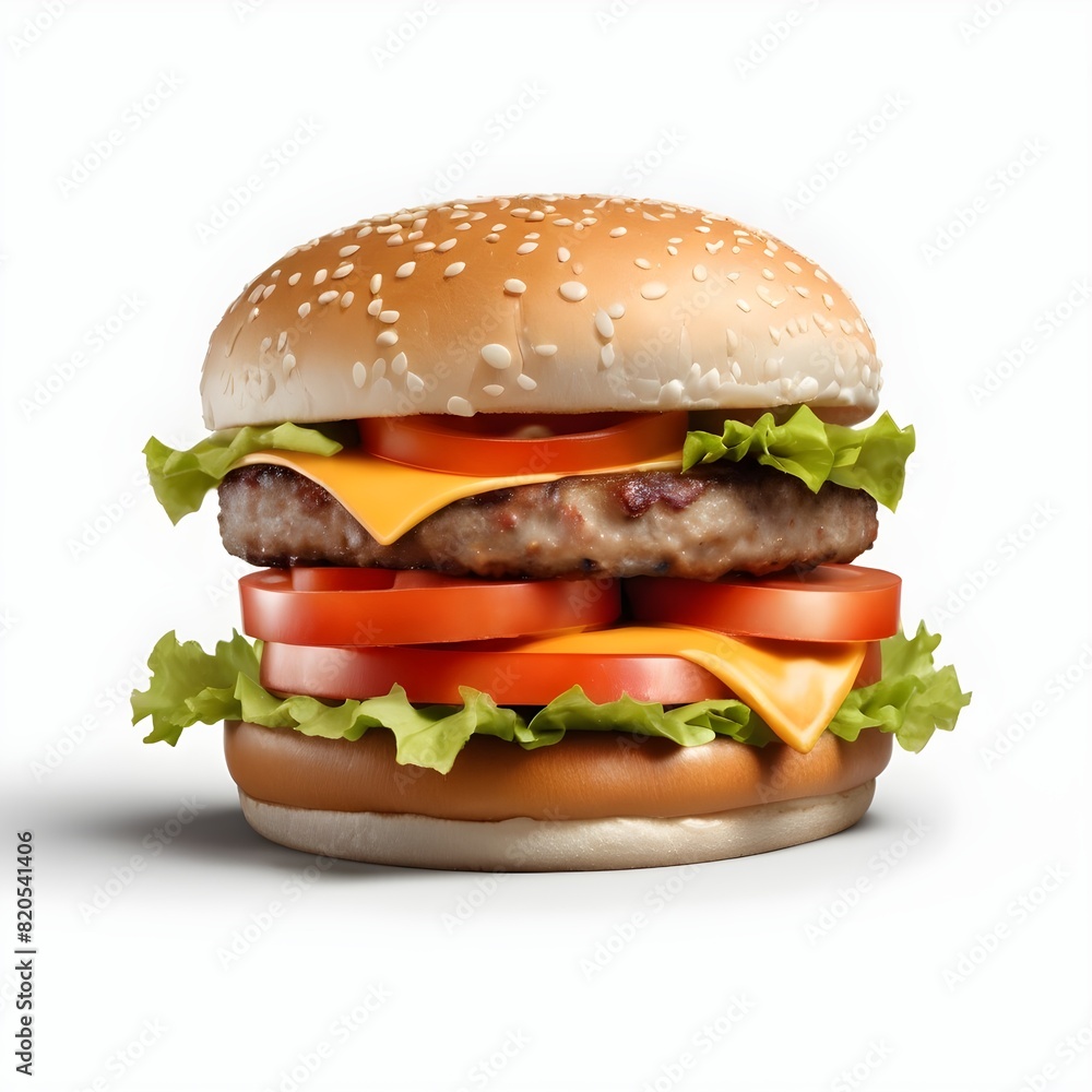 Classic burger with beef cutlet vegetables and onions isolated on a white background Classic burger with beef cutlet vegetables and onions isolated on a white background