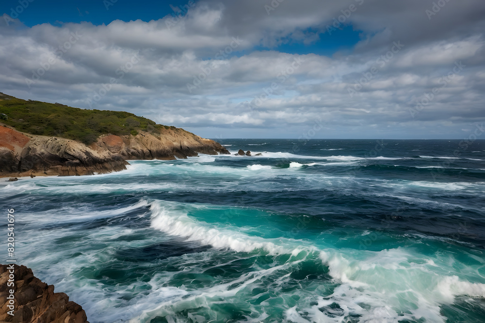 A landscape of a rocky coastline and the ocean A landscape of a rocky coastline and the ocean