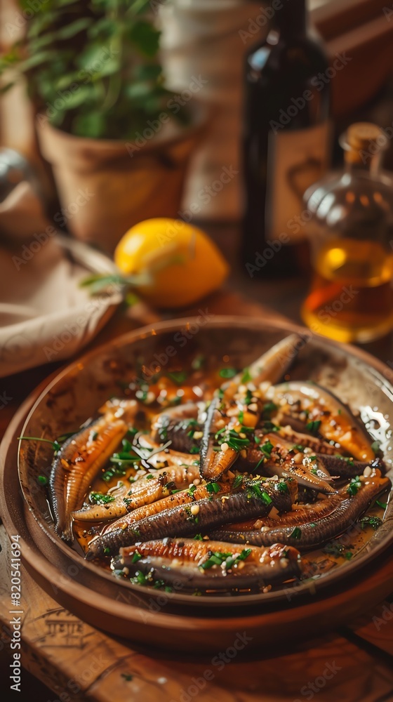 Elvers, baby eels, sauteed in garlic, served in a Spanish tavern Elvers, baby eels, sauteed in garlic, served in a Spanish tavern