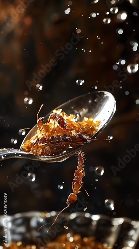 Escamoles, ant larvae sauteed in butter, served in a silver spoon, luxurious Mexican dining setting