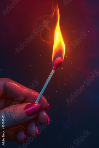 Lit Matchstick in Hand, Close-up of a burning matchstick held by fingers with red nail polish, Dark background with glowing embers