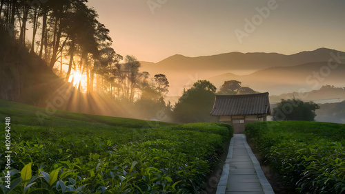 A lush green tea plantation stretches under a blue sky, with neat rows of tea bushes sprawling across rolling hills