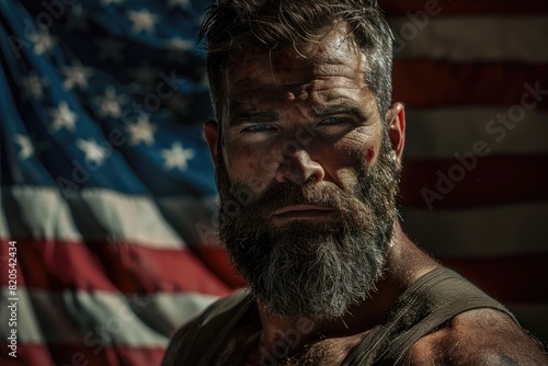 portrait of an american veteran with beard in front of the flag. cinematic style
