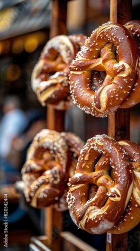 Freshly baked German pretzels hanging on a wooden stand, closeup, detailed texture of the crust, blurred Bavarian beer garden in the background photo