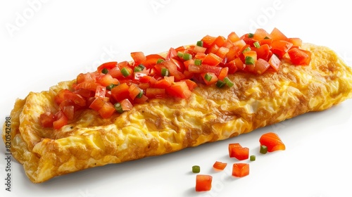 Fluffy omelette, finely chopped red bell peppers, breakfast food photography, isolated background, studio lighting