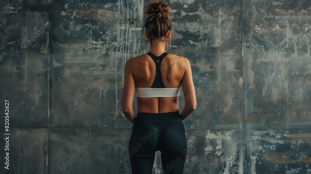 Fototapeta premium Fit woman standing backwards in sportswear and leggings, highlighting her strong back and fitness journey, raw and authentic vibe