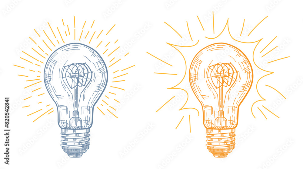 Two light bulb, one yellow and one blue ray. Engraving style. Vector illustration Two light bulb, one yellow and one blue ray. Engraving style. Vector illustration