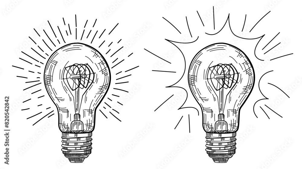 © smth.design - Two light bulb with drawing showing a bright light. Engraving style. Vector illustration