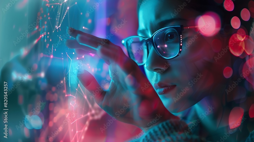 Metaverse and Blockchain Technology Concepts Person with Glasses try to Touching Object for Experiences of Metaverse Virtual World Futuristic Tone : Generative AI Metaverse and Blockchain Technology Concepts Person with Glasses try to Touching Object for Experiences of Metaverse Virtual World Futuristic Tone : Generative AI